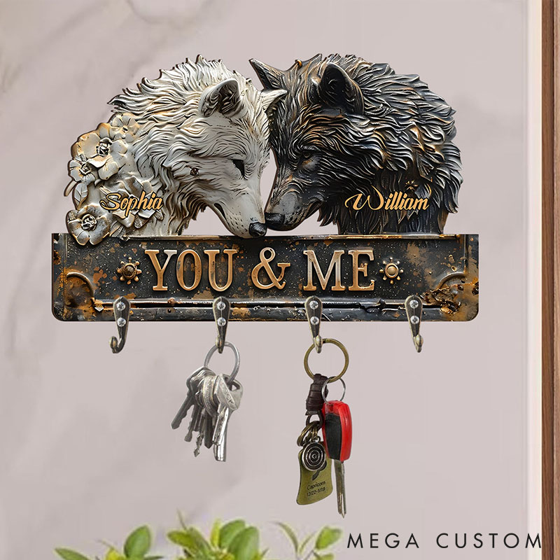 Personalized Retro Wolf Couple You and Me We Got This Wooden Key Holder Custom Shaped Graphic 3D Printed Key Hanger Anniversary Valentine's Day Gift