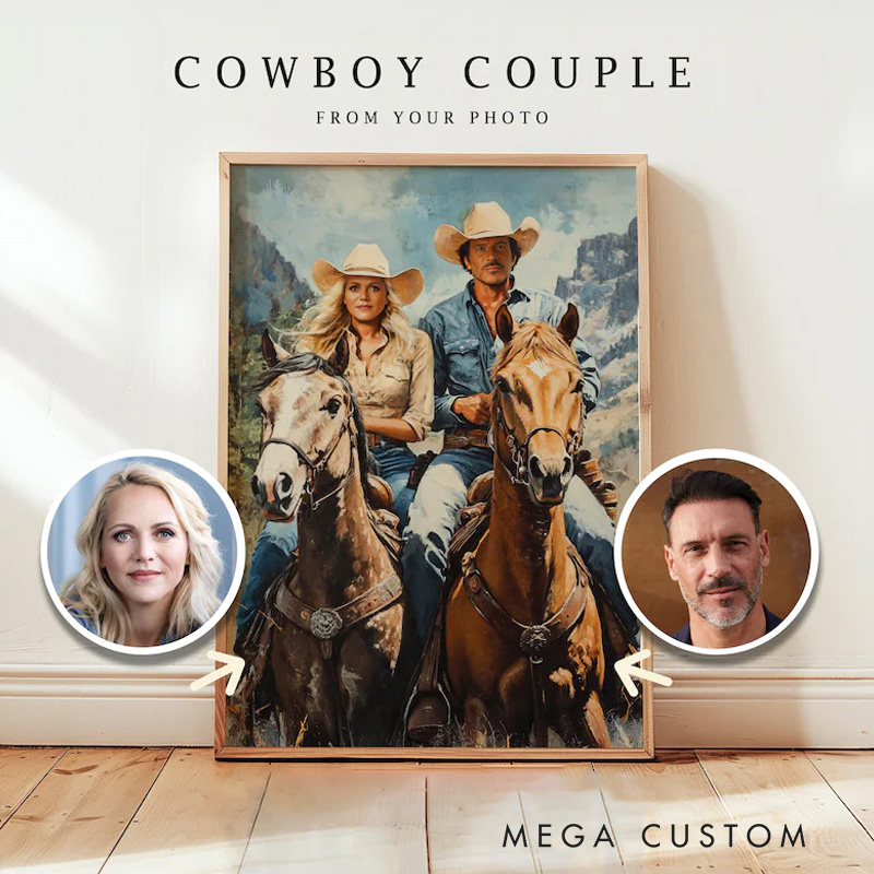 Personalized Custom Cowboy Couple Portrait Western Art from Photo for Riding Lovers