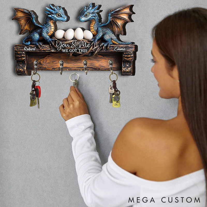 Personalized Dragon Couple with Eggs You and Me We Got This Wooden Key Holder Custom Shaped Graphic 3D Printed Key Hanger Valentine's Day Gift