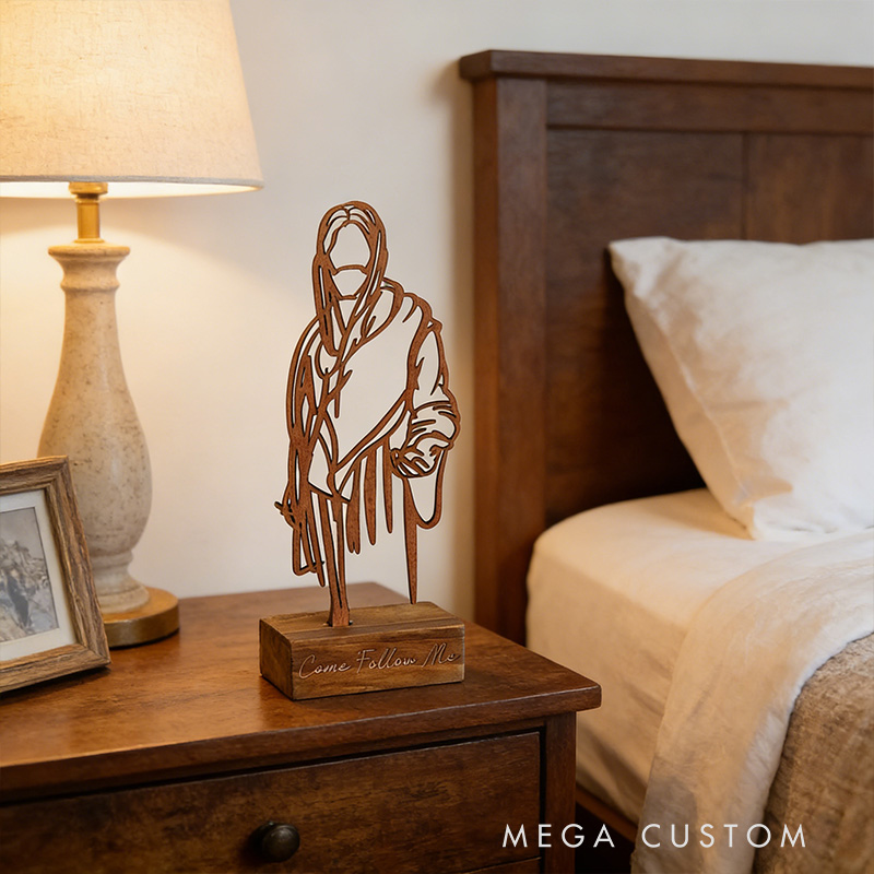 Personalized Jesus Art Wooden Plaque with Engraved Text Desktop Decor Birthday Religious Gift for Christian Family