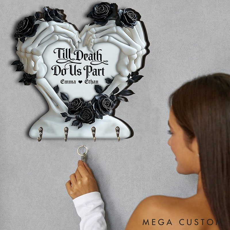 Personalized Couple Skeleton Hand Heart Till Death Do Us Part Wooden Key Holder Custom Shaped Graphic 3D Printed Key Hanger Valentines Day Gift