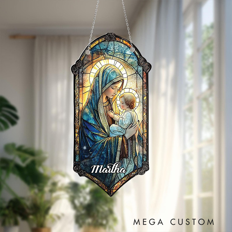 Personalized Virgin Mary and Baby Jesus Suncatcher with Custom Name Religious Virgin Mary Window Decor Religious Gift Catholic Gift for Her