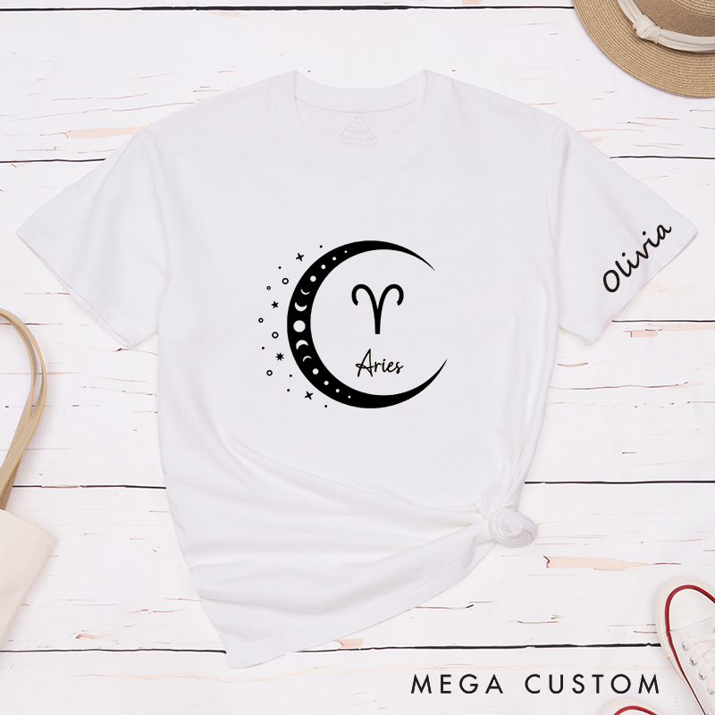 Personalized Aries Zodiac Classic T-Shirts Custom Name Moon and Stars Astrology Birthday Gift for Women Men Unisex Unique Horoscope Tee 