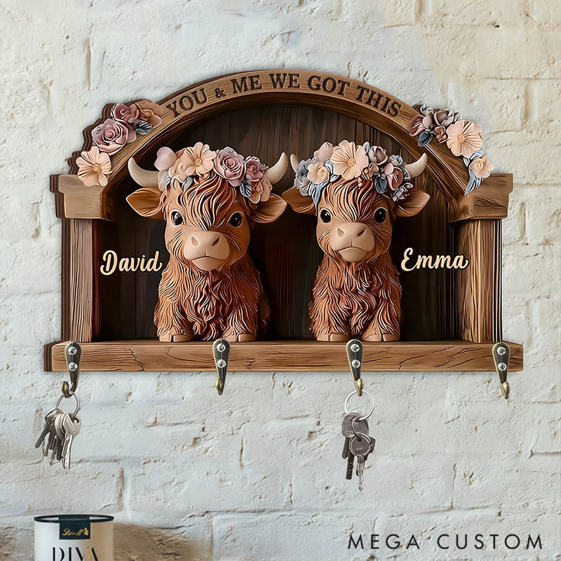 Personalized Floral Highland Cow Couple You and Me We Got This Wooden Key Holder Custom Shaped Graphic 3D Printed Key Hanger Valentines Day Gift