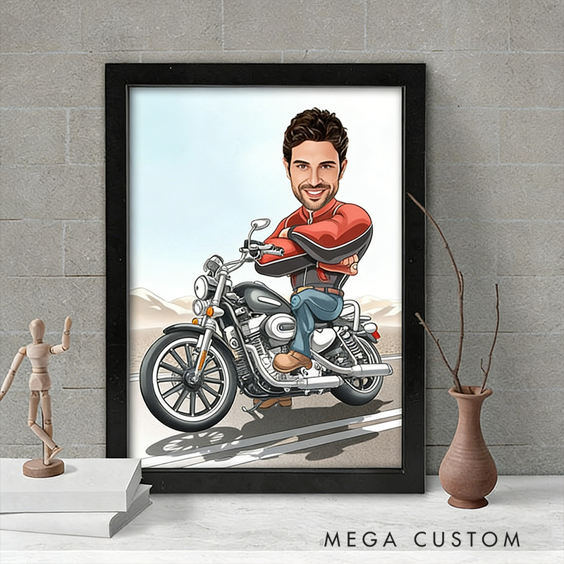 Personalized Biker Gifts Custom Motorcycle Cartoon Portrait from Photo Funny Rider Digital Poster Birthday Gift for Him