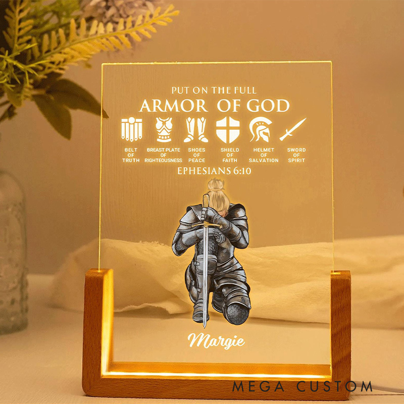 Personalized Put the Full Armor of God Wooden Base LED Night Light with Custom Name Religious Gift Prayer Best Gift for her