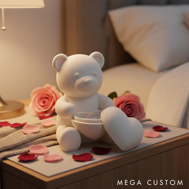 Personalized Couple White Teddy Bear Heart Ring Holder Custom Engagement 3D Printed Bear Ring Box for Newlyweds Valentines Day Gift for Him Her