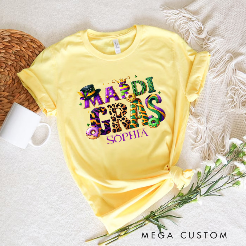 Personalized Mardi Gras Donut Classic T-shirts King Cake Shirt with Name Louisiana Tee Carnival Coquette Tee Gift for Women Her Baking Lover