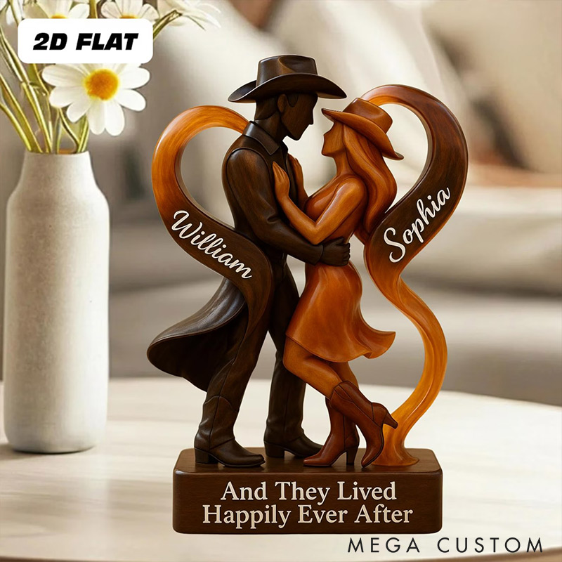 Personalized Cowboy Cowgirl Couple Happily Ever After 2D Flat Acrylic Plaque Elegant Love Keepsake Valentines Gift for Wife Husband Anniversary Gift for Him Her