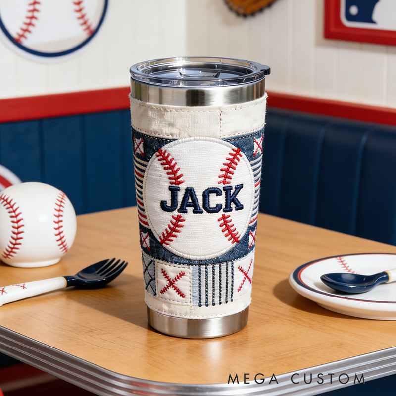 Personalized Baseball Embroidered Stainless Steel Tumbler – Insulated Cup for Baseball Fans