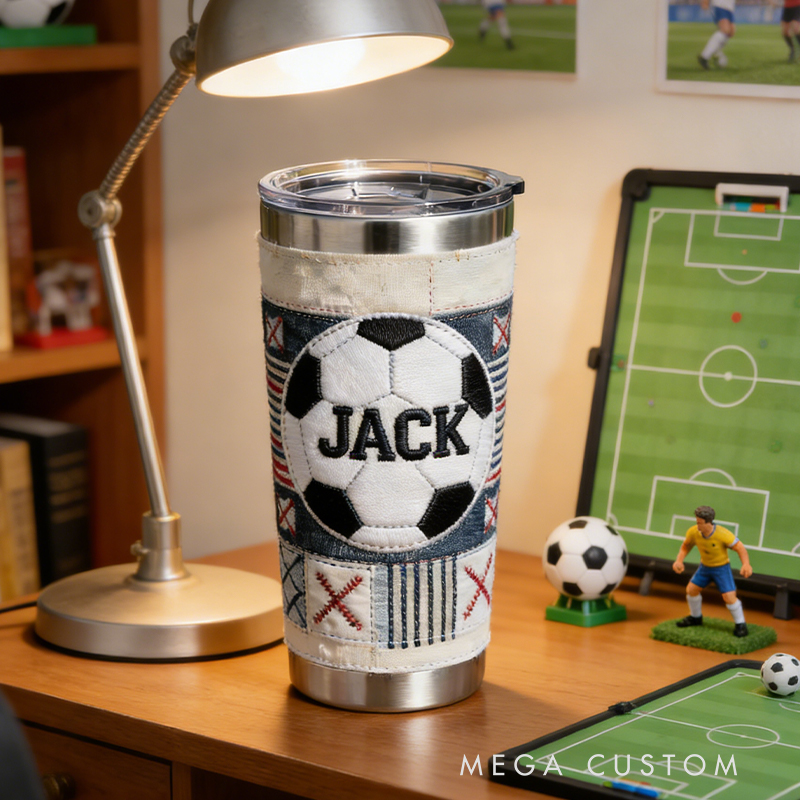 Personalized Custom Soccer Ball Embroidered Insulated Tumbler – Personalized Stainless Steel Cup for Soccer Fans