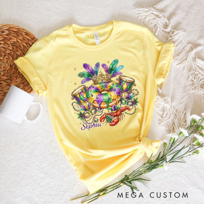 Personalized Mardi Gras King Cake Classic T-shirts Louisiana Carnival Graphic Tee with Name Fat Tuesday Festival Top for Donut Lover Baker Baking Lover