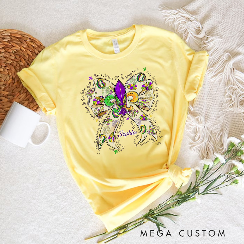 Personalized Mardi Gras Donut Bow Classic T-shirts Mardi Gras King Cake Tee with Name Fat Tuesday Festival Top for Donut Lover Baker Baking Lover