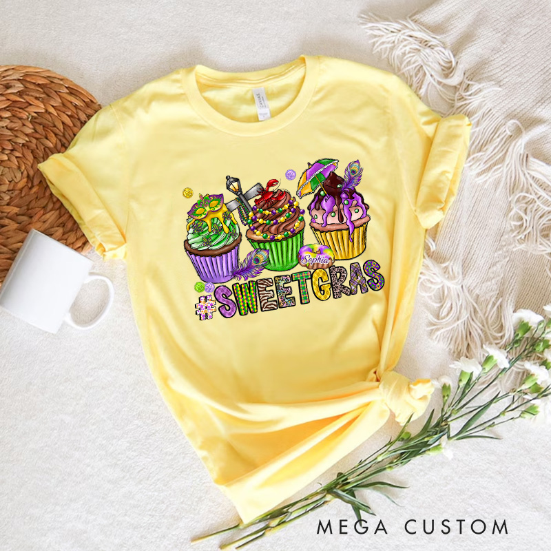 Personalized Sweet Mardi Gras Classic T-shirts Mardi Gras Cupcake Tee with Name Sweet Gras Shirt for Donut Lover Baker Baking Lover