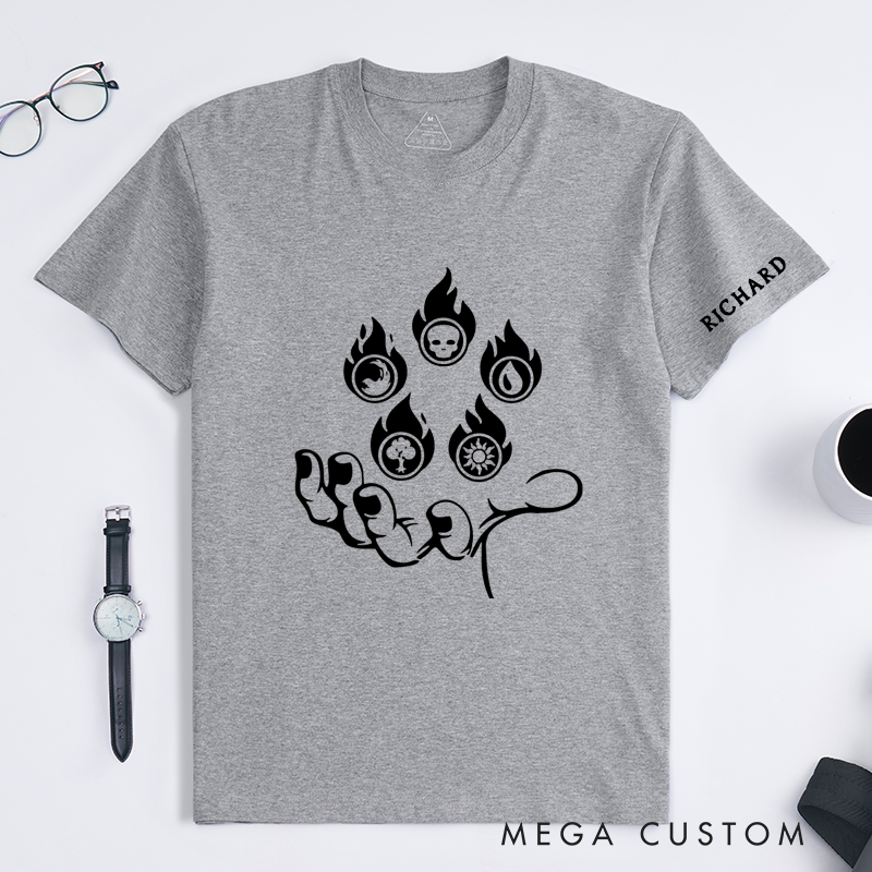 Personalized Magic Element Symbols T-Shirt Custom Date and Name Gift Fantasy Art Graphic Unisex Classic Tee Unique Gift Fans of Mystical Designs