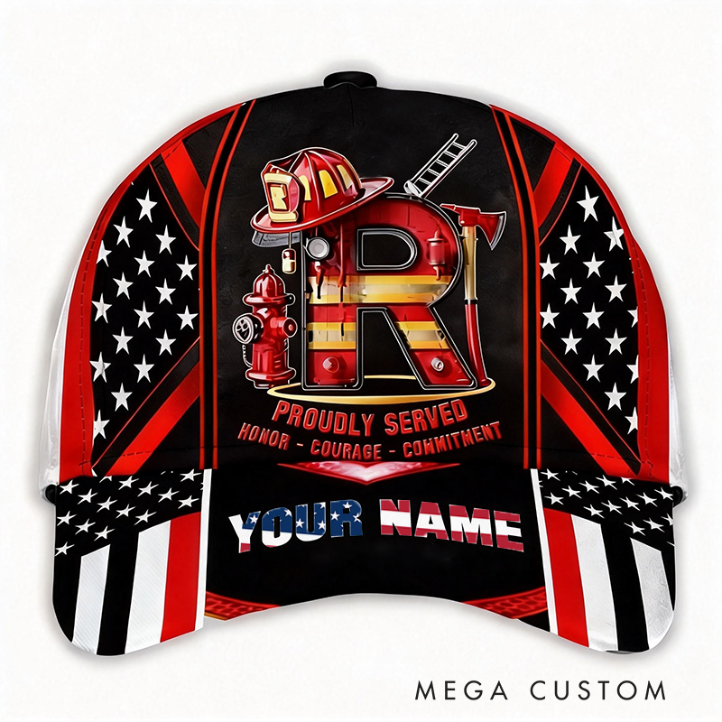 Personalized Firefighter Gifts Custom Name and Initial Alphabet Full Print Cap American Flag Firefighter Hat for Firemen