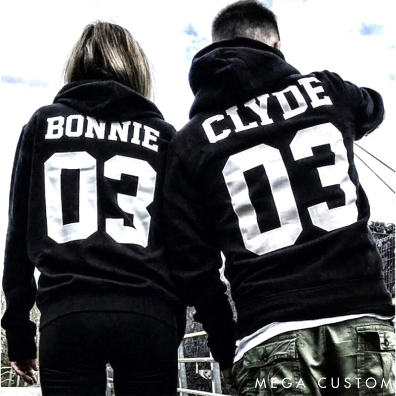 Personalized Couple Bonnie and Clyde 03 Matching Hoodie Custom Couple Sweatshirt with Name and Number Anniversary Valentine's Day Gift for Him Her