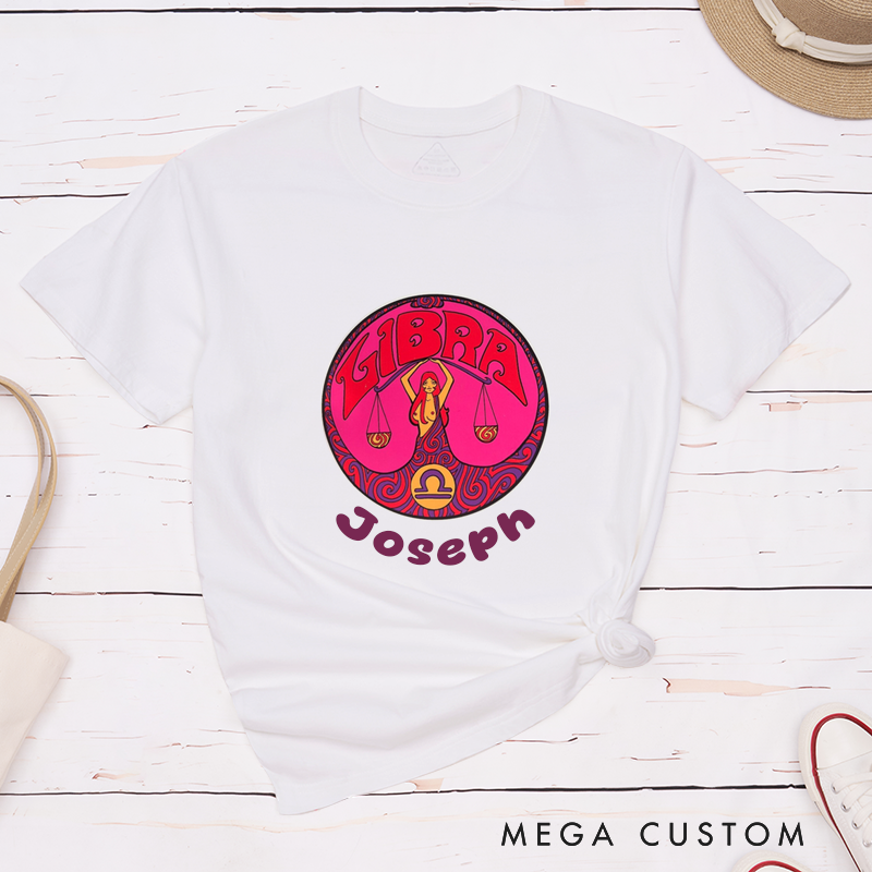 Personalized Libra Zodiac T-Shirt Classic Unisex Retro Horoscope Astrology Gift Custom Name T-Shirt Birthday Present for Men and Women