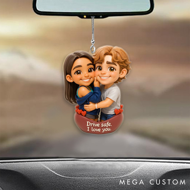 Personalized Couple Transparent Car Ornament Custom 2D Flat Couple Car Ornament Drive Safe Handsome I Love You Couple Anniversary Valentines Gift