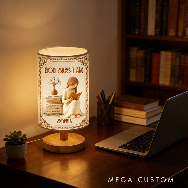 Personalized God Says i am Fabric Lamp with Custom Name Religious Home Decor Table Lamp Christan Gift for Women and Girls
