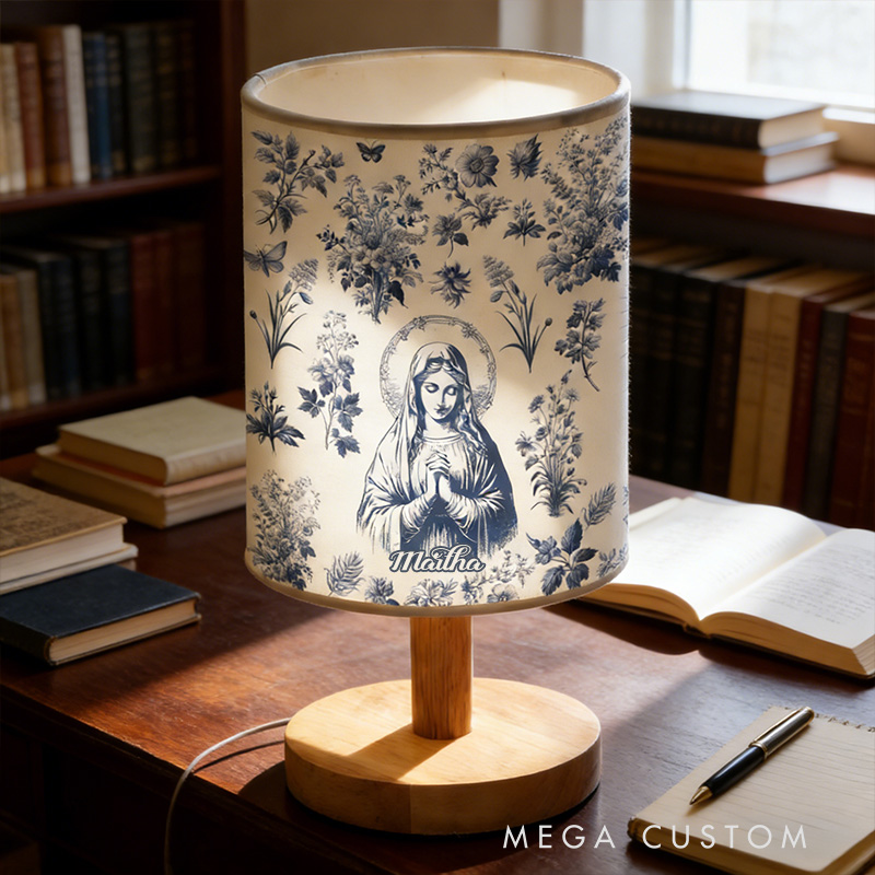 Personalized Catholic Virgin Mary Toile Fabric Lamp with Custom Name Our Lady Vintage Floral Home Decor Table Lamp Catholic Gift for her