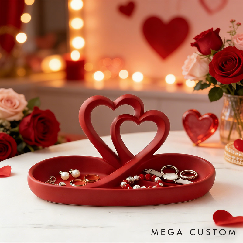 Personalized Heart-Shaped Jewelry Tray Custom 3D Printed Red Double Heart Jewelry Tray Infinity Hearts Jewelry Holder Valentines Day Decor