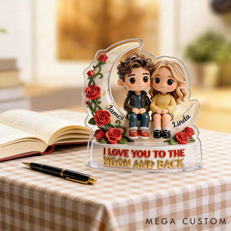 Personalized Couple Custom Shaped Acrylic Plaque I Love You To The Moon And Back Custom 2D Flat Acrylic with Couple Photo Anniversary Gift