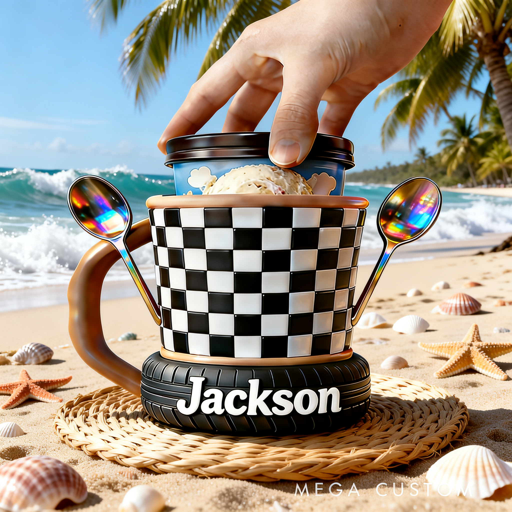 Personalized Ice Cream Lover Gifts Custom Name Checkered Pattern Ice Cream Pint Holder Racing Style Cup Holder for Dessert Fans