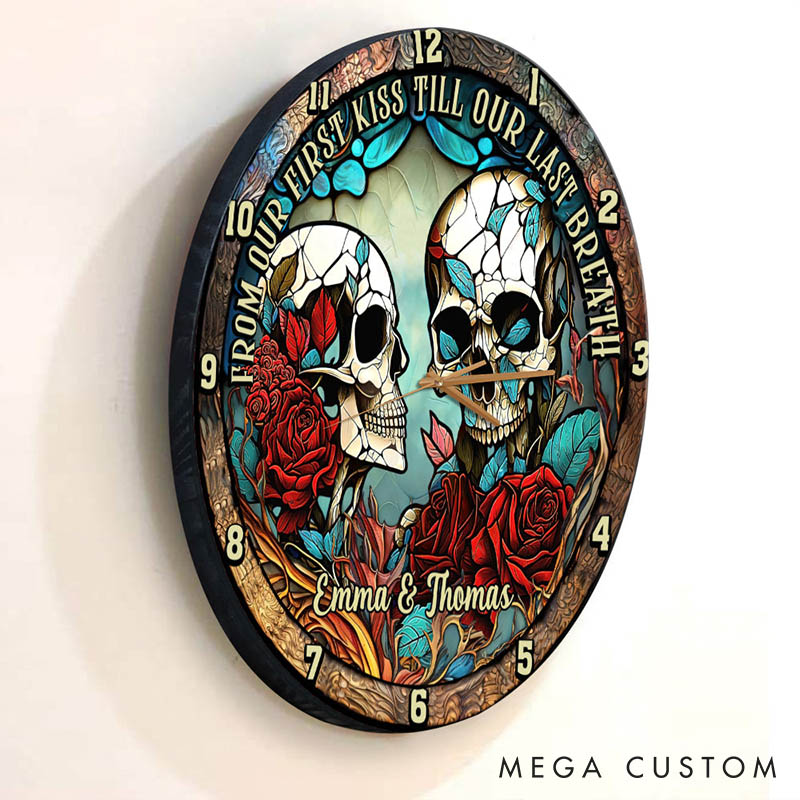 Personalized Skeleton Couple From Our First Kiss Till Our Last Breath Wall Clock Custom Retro Gothic Graphic 3D Printed Wall Clock Valentines Day Gift