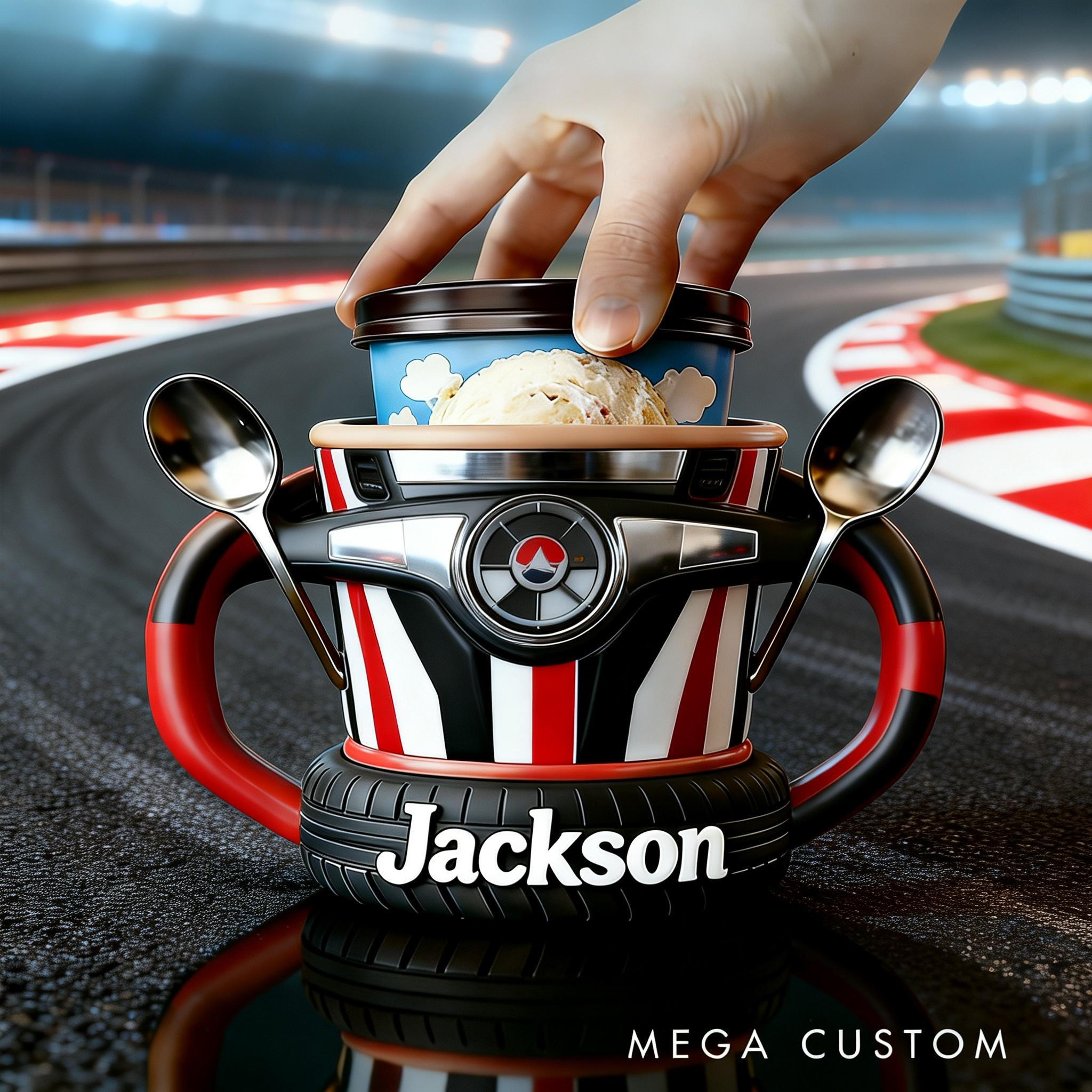 Personalized Racing Gifts Custom Name Ice Cream Pint Holder Racing Theme Dessert Cup Holder for Car Lovers and Ice Cream Fans