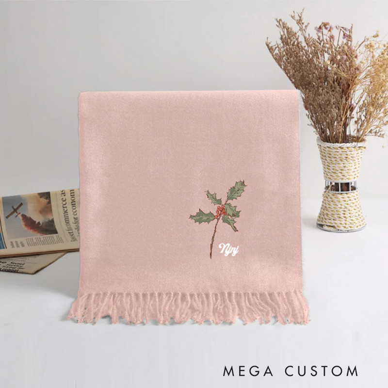 Personalized Birth Flower Soft Warm Tassel Scarf with Name Winter Accessory Anniversary Birthday Gifts