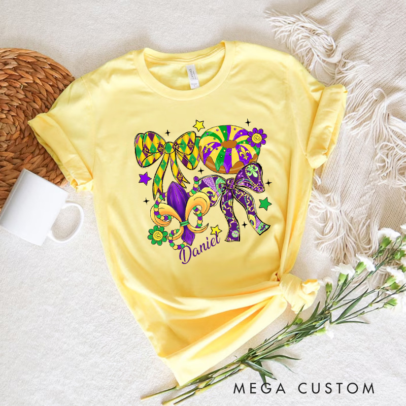 Personalized Mardi Gras Coquette Classic T-Shirts Preppy Bow King Cake Coquette Tee with Name Shirt for Donut Lover Baker Baking Lover