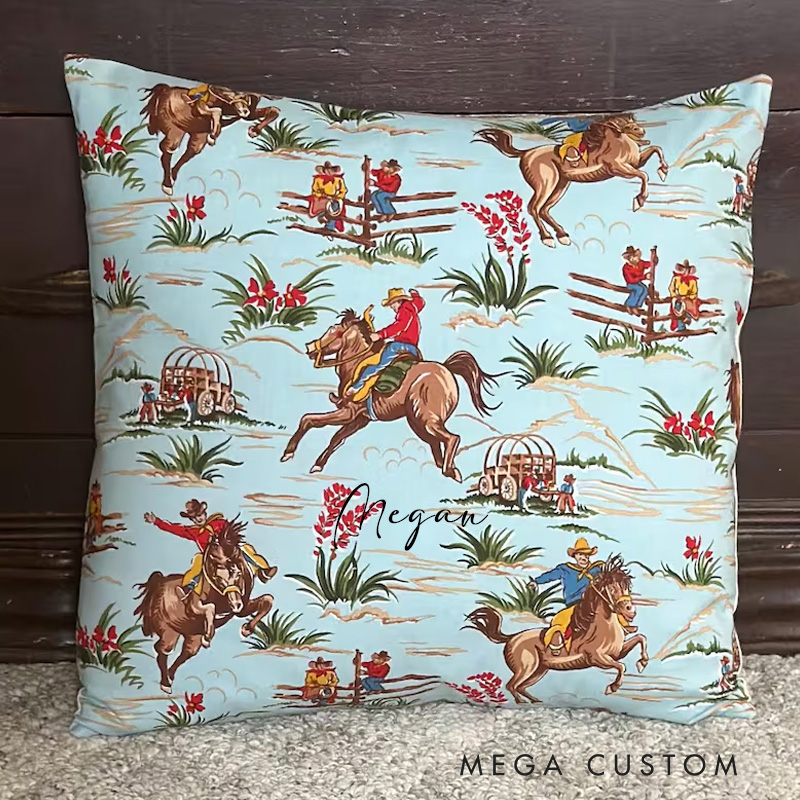 Personalized Equestrian Throw Pillow Wild West Cowboy Pillow Cover Bucking Broncs Cactus Wagon for Riding Lovers Equestrian Lovers