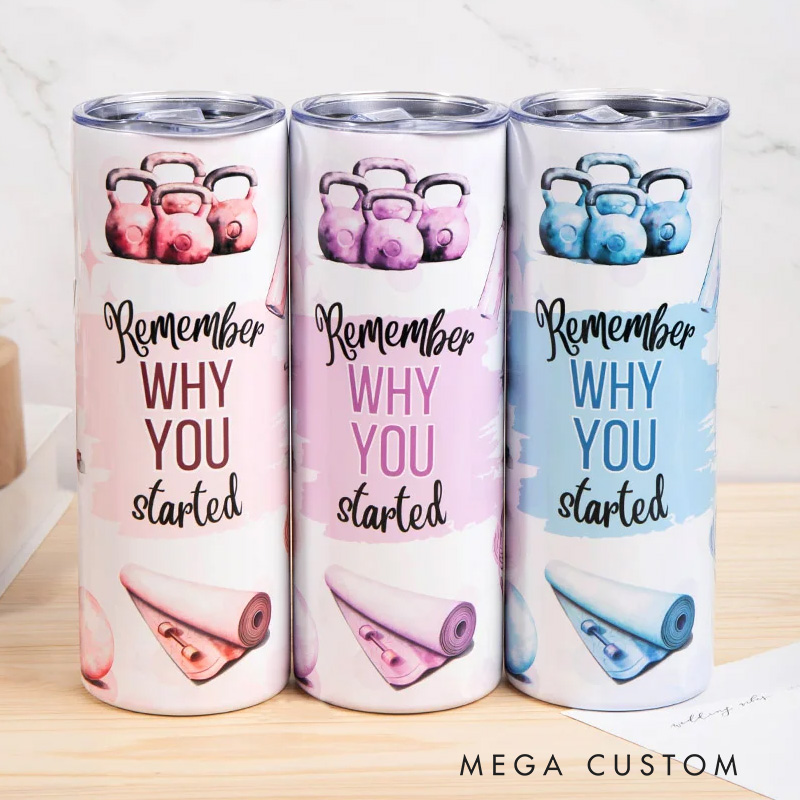 Personalized Watercolor Fitness Equipment Why You Started Skinny Tumbler with Lid Straw Motivational Birthday Gift for Workout Coach Gym Lover