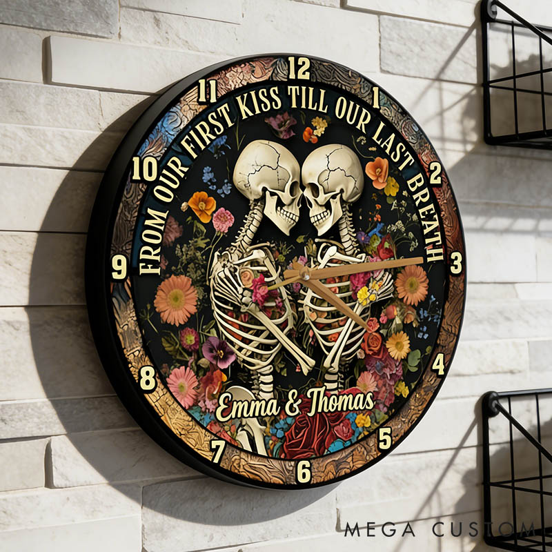 Personalized Skeleton Couple From Our First Kiss Till Our Last Breath Wall Clock Custom Gothic Retro Graphic 3D Printed Wall Clock Valentines Day Gift