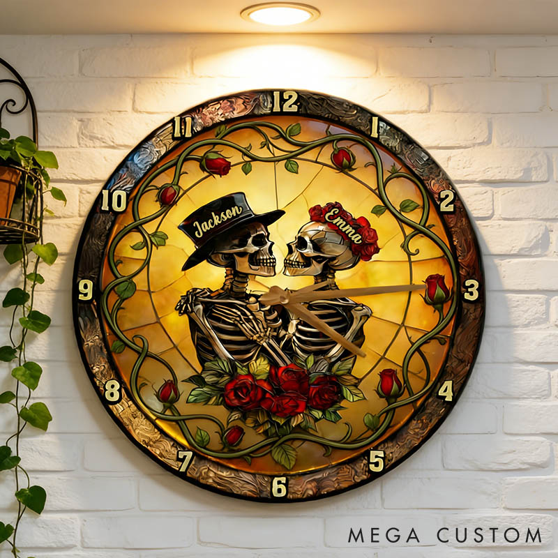 Personalized Skeleton Couple From Our First Kiss Till Our Last Breath Wall Clock Custom Gothic Rose Graphic 3D Printed Wall Clock Valentines Day Gift