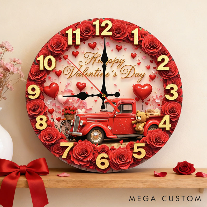 Personalized Couple Happy Valentine's Day Wall Clock Custom Vintage Red Truck with Rose and Bear Graphic 3D Printed Wall Clock Valentines Day Gift