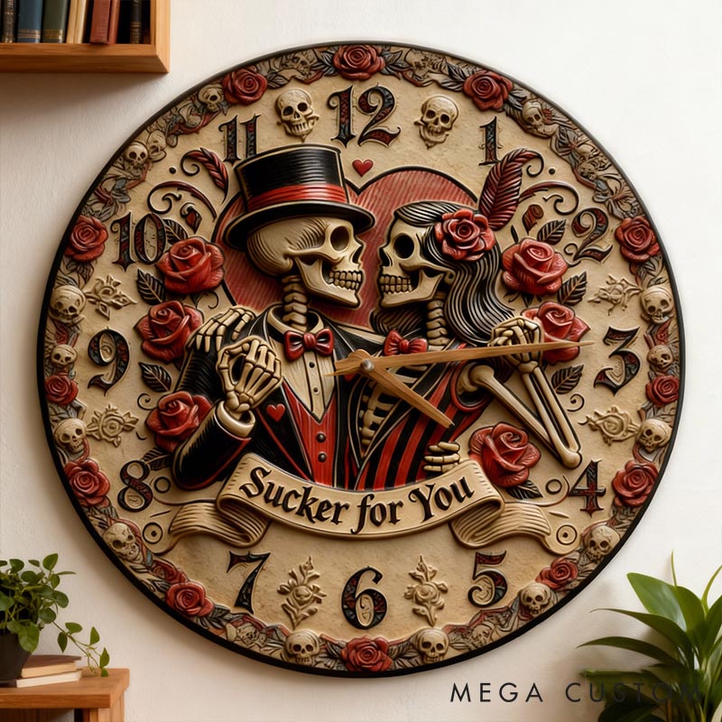 Personalized Skeleton Couple Sucker for You Wall Clock Custom Gothic Rose Graphic 3D Printed Wall Clock Anniversary Valentines Day Gift for Him Her