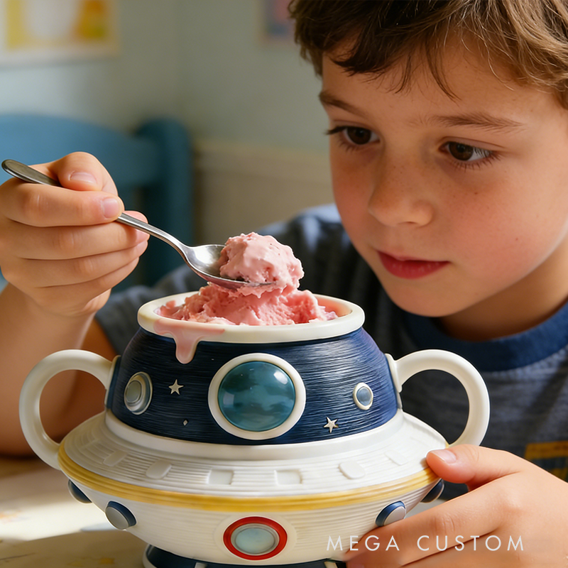 Personalized Flying Saucer Ice Cream Cup Holder 3D Printed with Dual Scoop Slots Heartwarming Children's Birthday Gift