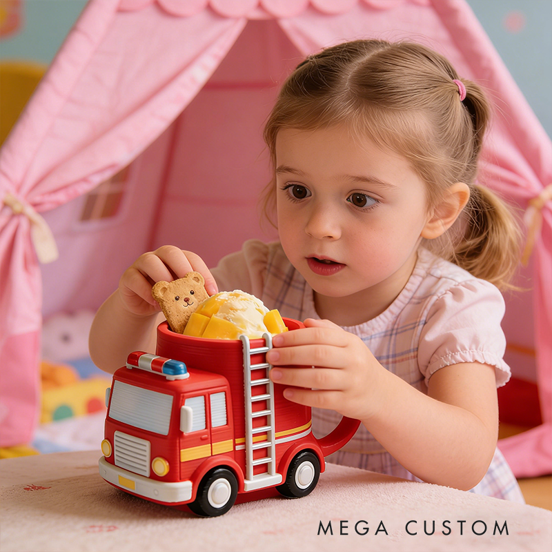 Personalized Fire Truck Ice Cream Cup Holder 3D Printed Slot Design Heartwarming Children's Birthday Gift
