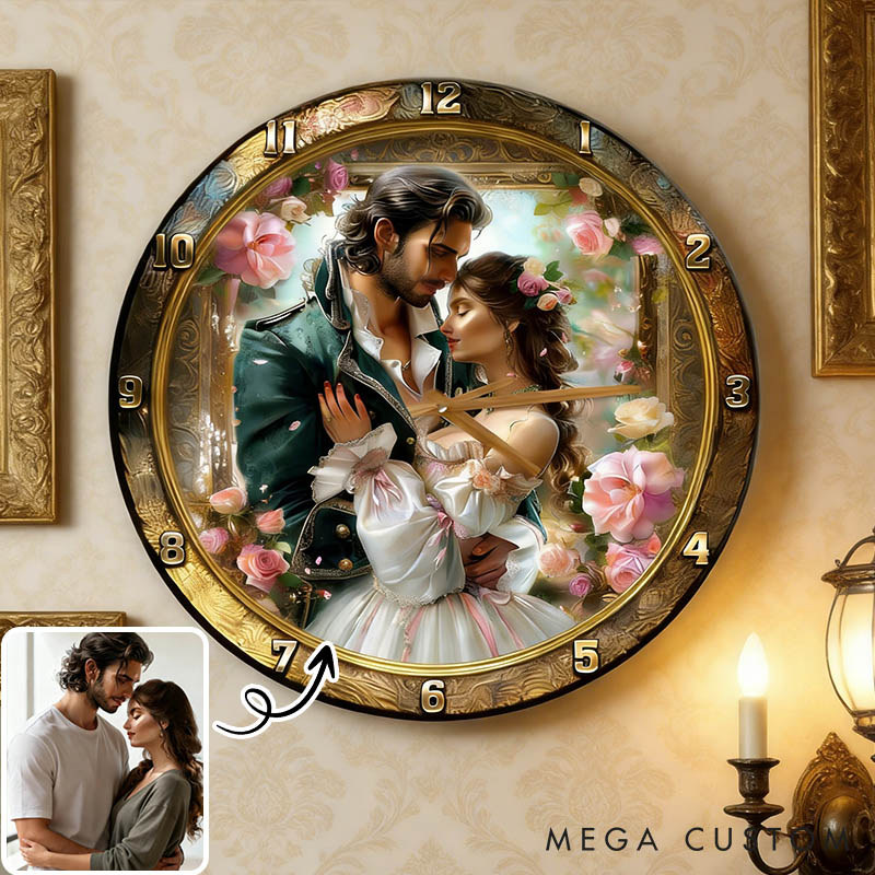 Personalized Couple Photo Romantic Floral Wall Clock Custom Court Style Watercolor Floral 3D Effect Wall Clock Anniversary Valentines Day Gift
