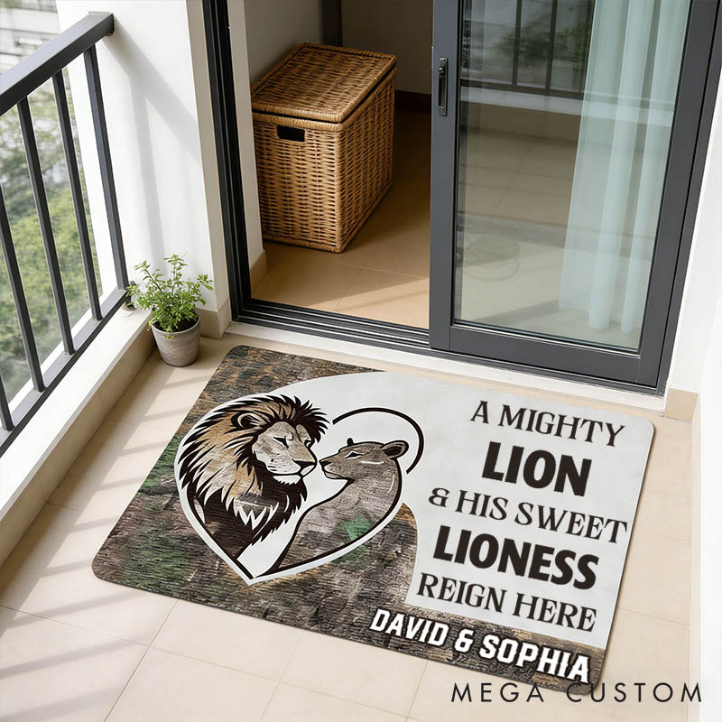 Personalized Lion Couple Doormat A Mighty Lion and His Sweet Lioness Door Mat Custom Couple Lion Home Decor Anniversary Gift