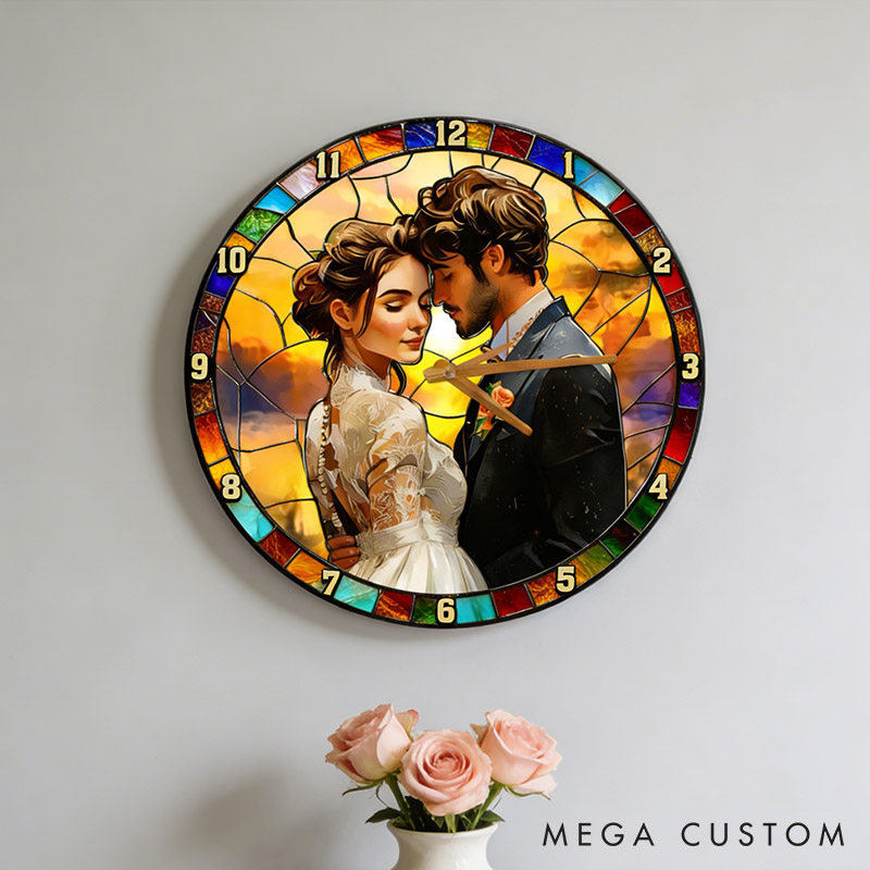 Personalized Couple Photo Stained Glass Design Wall Clock Custom Watercolor 3D Effect Wall Clock with Couple Photo Anniversary Valentines Day Gift