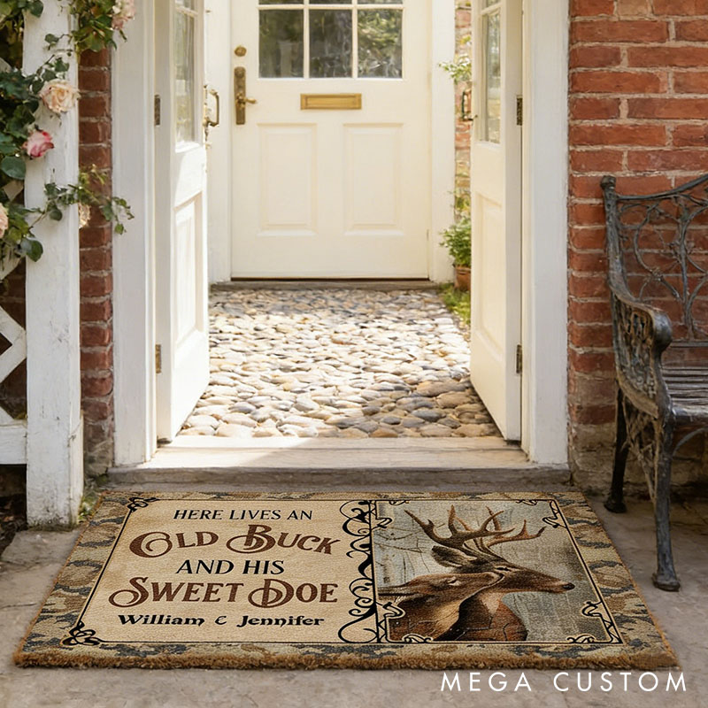 Personalized Deer Here Lives Old Buck Sweet Doe Doormat Custom Rustic Deer Couple Doormat Couple Holiday Anniversary Gift