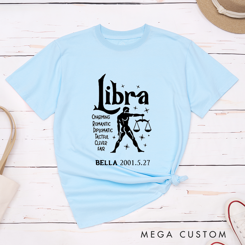 Personalized Libra Zodiac Classic T-Shirt for Women and Men Custom Birthday Gift Horoscope Graphic Unique Astrology Tee