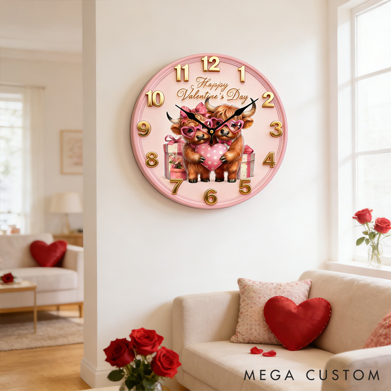Personalized Highland Cow Couple Happy Valentine's Day Wall Clock Custom Pink Highland Cow Holding Heart 3D Effect Wall Clock Valentines Day Gift