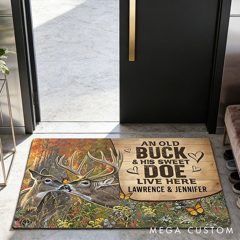 Personalized Rustic Deer Couple Doormat An Old Buck and His Sweet Doe Live Here Couple Anniversary Valentines Gift