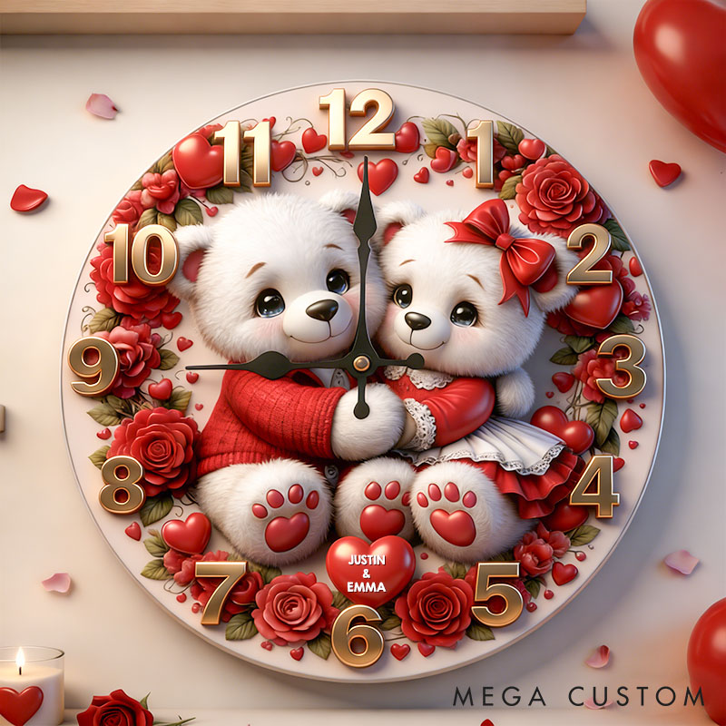 Personalized Bear Couple Happy Valentine's Day Wall Clock Custom Red Rose Bear with Heart 3D Effect Wall Clock Anniversary Valentines Day Gift