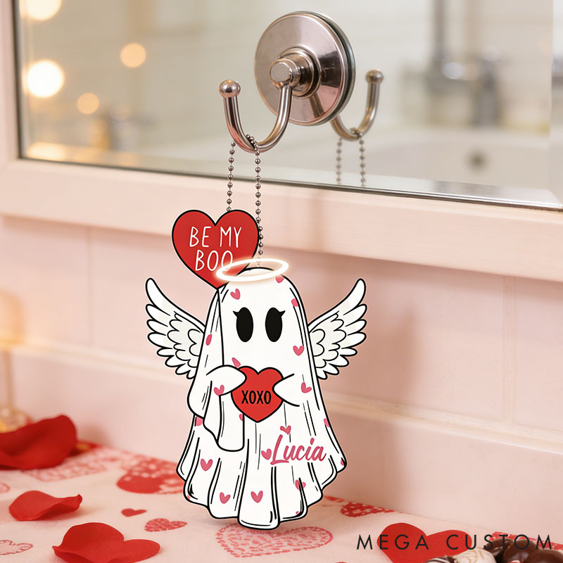 Personalized Couple Be My Boo Ghost Acrylic Ornament Custom Ghost Holding Hearts Car Ornament with Name Anniversary Valentine's Day Gift for Him Her