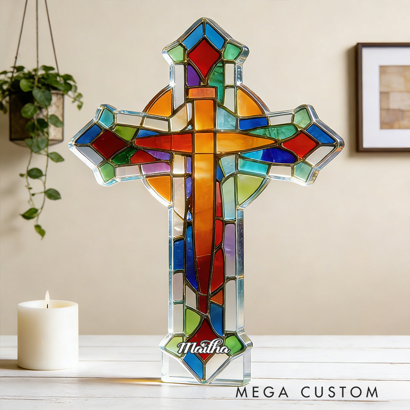 Personalized Stained Glass Cross Custom Shaped Acrylic Plaque with Custom Name Religious Gift Prayer Gift for Christians